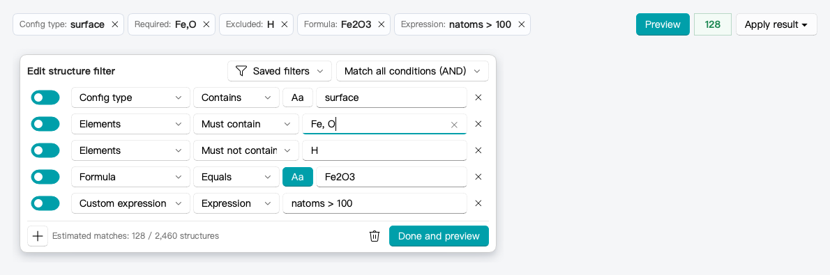 Structure filter bar and condition editor