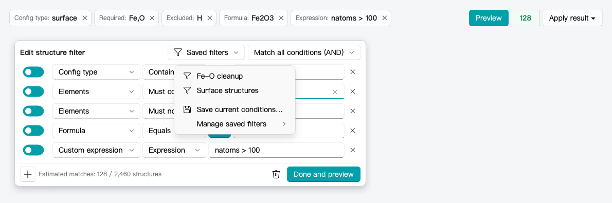 Saved filters menu