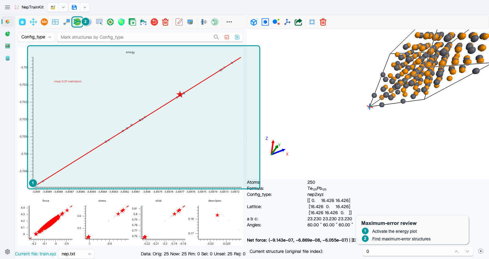 Activate the energy plot and open the largest-error selector